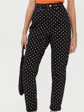 Topshop black white polka dot mid-rise rigid mom taper jean, size 26